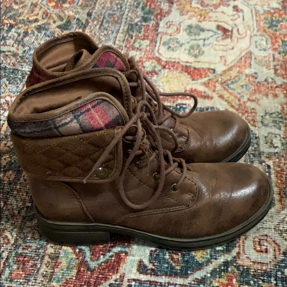 Brown faux leather combat boots with plaid detail
